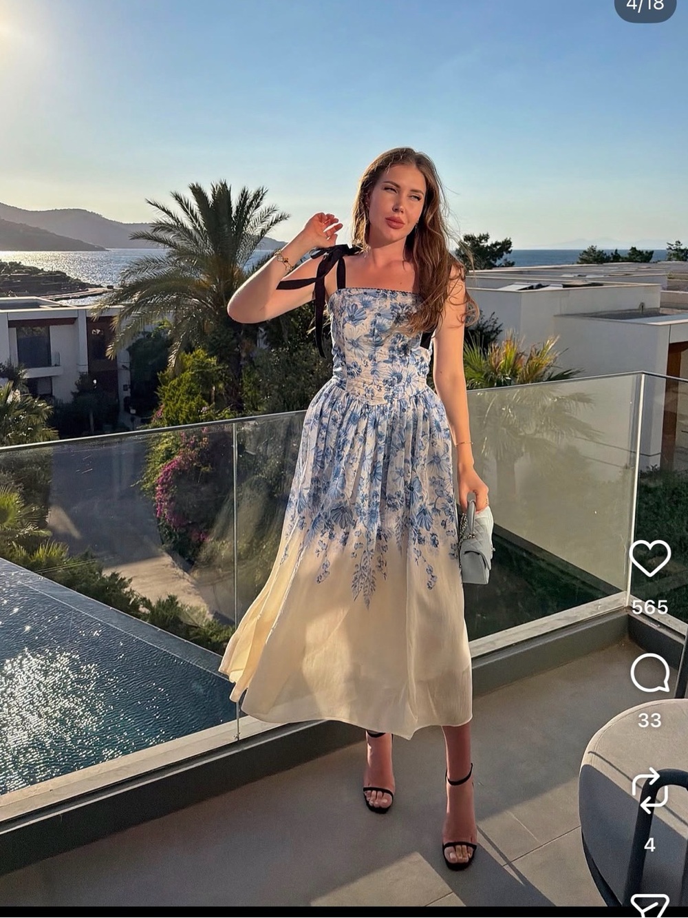 Floral Blue & White Tie-Shoulder Midi Dress - Picture 11 of 13